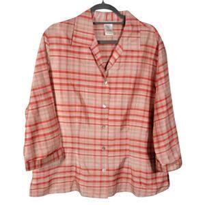 Vtg Tall Girl 100% Silk Blouse 18 Red White Plaid Boxy Top Oversized 3/4 Sleeve
